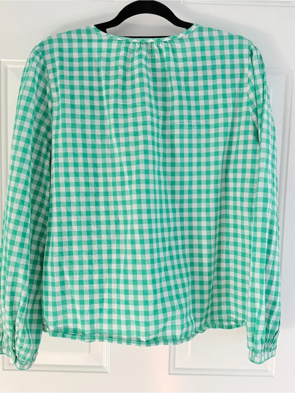 J. Crew Green Gingham Smocked Long-Sleeve Blouse Large